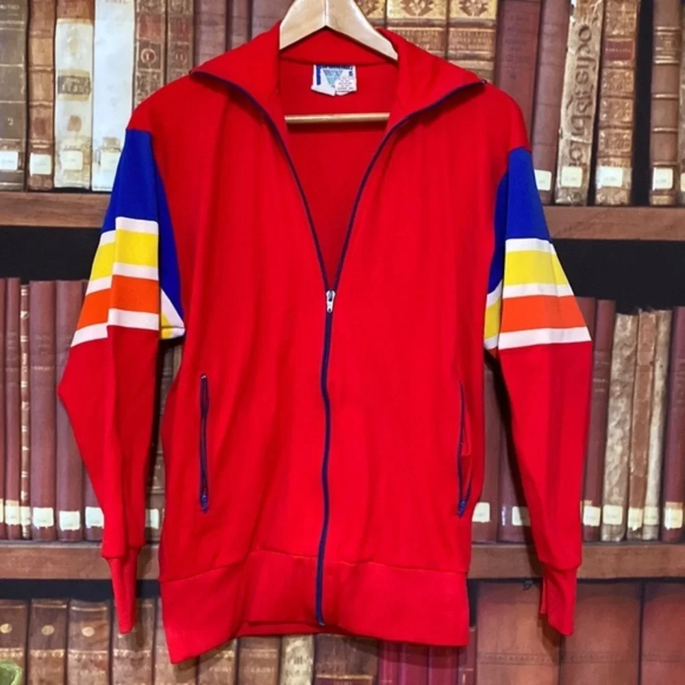 Vintage 70s Winning Ways Rainbow Stripe Nylon Track Jacket Red L